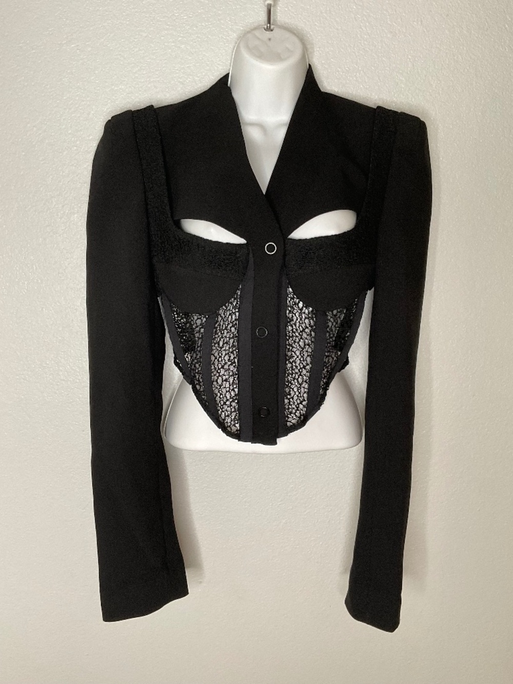 Corset Tailored Black Jacket Lace Sexy Black Lace Panel V Neck Size S